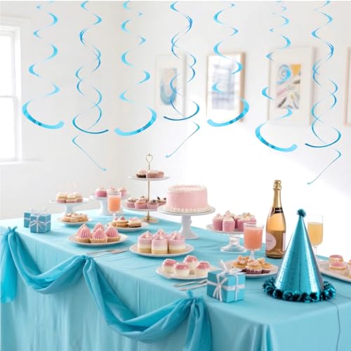 Image of Party Swirl Decorations Hot Pink Shinny Foil Hanging Swirl Decorations Plastic Streamer for Ceiling Plastic Streamer for Party Decorations Metallic Hanging Swirl Pack of 30 (Lake Blue)