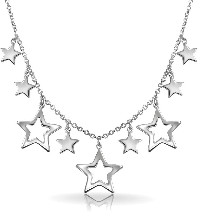 Bling Jewelry Celestial USA Patriotic Multi Stars American Rock Open Dangle Star Bib Statement Collarbone Necklace For Women .925 Sterling Silver