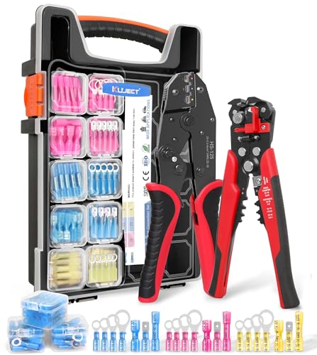 Kuject Crimping Tool Kit, 340 PCS Heat Shrink Wire Connectors(AWG22–10), 3-in-1 Adjustable Wire Stripper and Wire Crimper Kit for Automotive, Marine, and Electrical Repairs