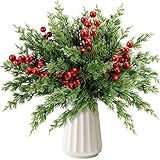 EverMerry 45 PCS Artificial Norfolk Pine Stems with Red Berries Decor, Christmas Greenery Branches for DIY Home, Office, Holiday Decor, Evergreen Cypress Plant for Indoor/Outdoor Floral Arrangements