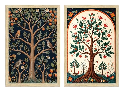 Image of ArtX Paper Madhubani Floral Art Paintings with Frame for Home Decor, Wall Paintings for Living Room, Multicolor, Natural Wood Color Frames, Set of 2