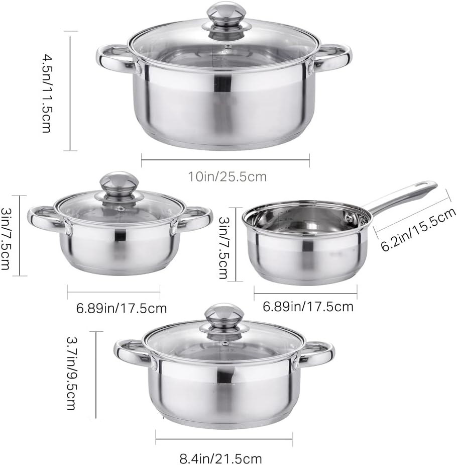 Cookware Set Stainless Steel 7-Piece Kitchen Cooking Pot&Pan Sets,Induction Saucepan,Casserole with Tempered Glass Lid