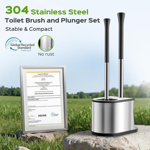 Image of HAMITOR Toilet Plunger and Brush Set: Bathroom Powerful Cleaning Round Bristle Brush - Stainless Steel Heavy Duty Unclogging and Bowl Brush Combo - Compact Home Apartment Restroom Decor Accessories