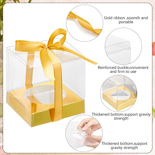 96 Pieces Individual Cupcake Boxes Single Cupcake Container Cupcake Carrier Plastic Cupcake Holder With Ribbons And Inserts For Wedding Birthday Party Favors, 3.5 X 3.5 X 3.5 Inch (Gold) #TOP2