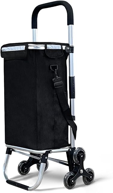 VOUNOT Folding Shopping Trolley on 6 Wheels, Aluminium Lightweight Shopping Cart with Insulated Cooling Bag, Stair Climbing Grocery Trolley, 50L, Black