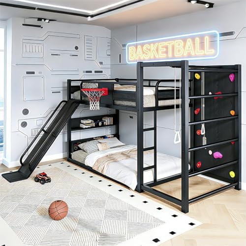 Image of Bellemave Full Over Full Bunk Beds for Kids with Slide, Basketball Hoop & Climbing Wall, Heavy Duty Metal Full Size Bunk Bed with Guardrails, Low Bunk Bed for Bedrooms, No Box Spring Needed, Black