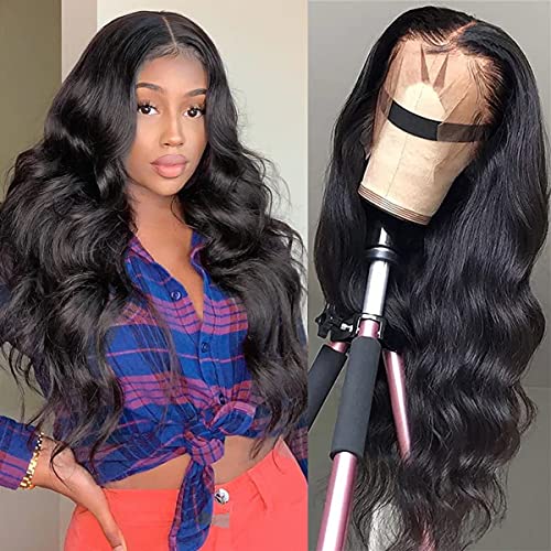 SUNYUON Lace Front Wigs Human Hair Body Wave 13x4 HD Lace Frontal Wig Pre Plucked with Baby Hair Brazilian Lace Front Wig Human Hair Wigs for Women 150% Density Natural Black Color（22inch）