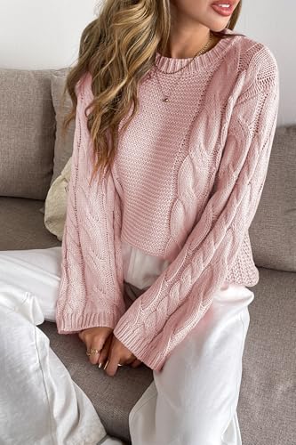 Image of Cakulo Womens Oversized Pullover Sweaters Bell Sleeve Chunky Cable Knit Sweater Crewneck Trendy Knitted Tops 2025 Pink M