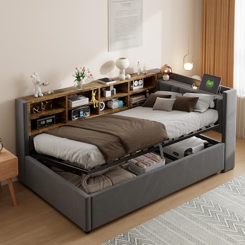 Polsterbett Schlafsofa 90x200,Einzelbett mit Staufach&Nachtlicht&Ladestation, Tagesbett mit Hydraulischem Stauraum&Lattenrost,Funktionsbett Stauraumbett Gästebett Jugendbett, ohne Matratze,Dunkelgrau