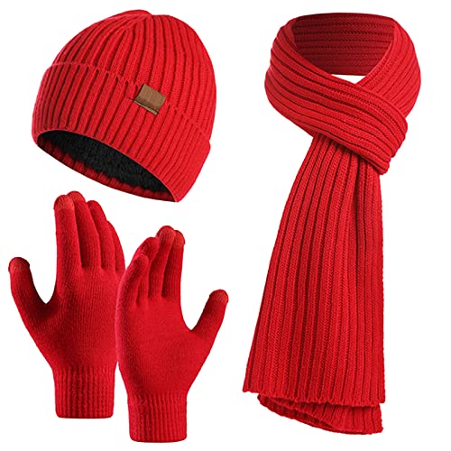 Kunyeah Mütze Schal Handschuhe Set Warm StrickmüTze Hut Lang Schal Touchscreen Handschuh Winter Accessoires für Herren Damen…