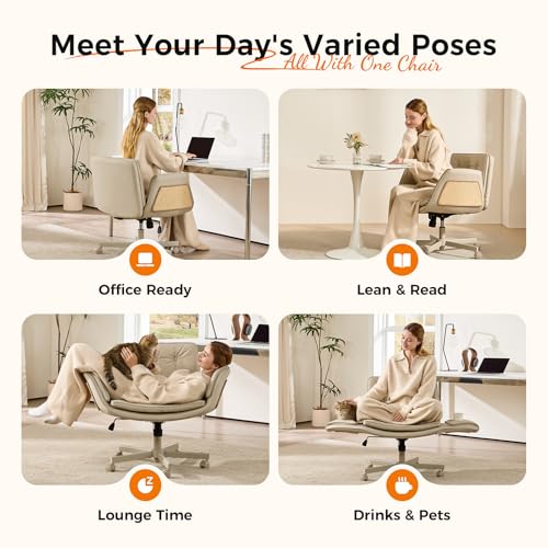 Image of amseatec Criss Cross Chair with Natural Sisal Cat Scratch Pad, 5-Gear Adjustable Armrests, 360 Silent Casters,pet-Friendly Office, Gaming, Leisure, and Make up Vantiy Desk Chair(Cream)