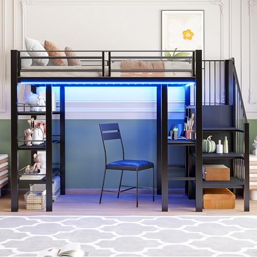 Idemon Cama alta 90 x 200 cm con barra de luz y enchufe, cama de hierro forjado con estante y estantería, cama individual multifuncional, color negro