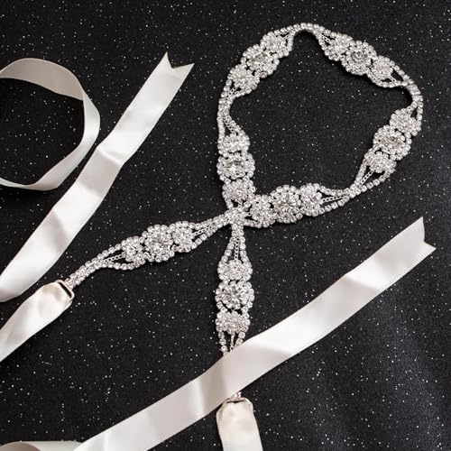 Wedding Bridal Ribbon Belts, White Ribbon Sparkle Belt Distinctive Silver Rhinestone Belt Sewn for Women Accessories Dress Matching, 2meters4