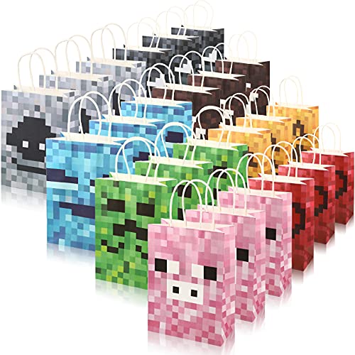 24 Pieces Pixels Themed Party Favor Bags with Handle Party Favor Treat Bags Party Present Goody Treat Bags for Pixels Theme Party Favors Decor Birthday Party Decor Game Party