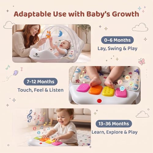 Image of StarAndDaisy Baby Musical Play Gym with Kick Piano & Hanging Toys, Play Gym for Babies 0 to 24 Months, Ergonomic Rocker with Mosquito Net for Sensory Play & Early Development