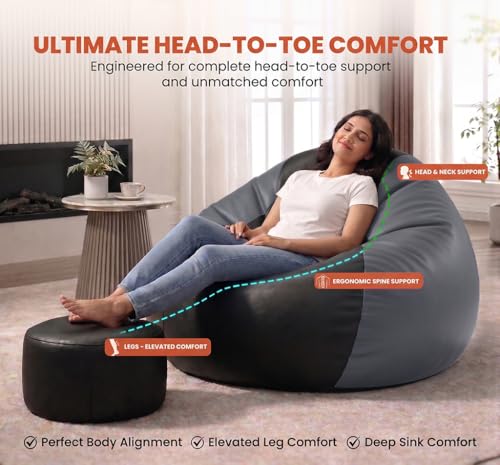 Image of Sattva Classic 2XL Bean Bag Chair with Beans Filled | Faux Leather Sofa Style Beanbags Combo with Footstool & Cushion | Comfortable Bin Bags Sofa for Adults & Home Office Seating - Black & Grey