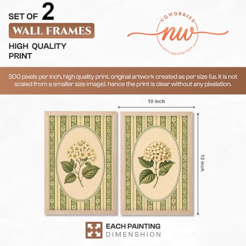 Image of NoWorries Vintage Botanical Wall Art Set of 2 Framed Floral Prints for Living Room Bedroom Office | Green Cottagecore Wall Decor with Wooden Frame (Art-5, 10x13inch)