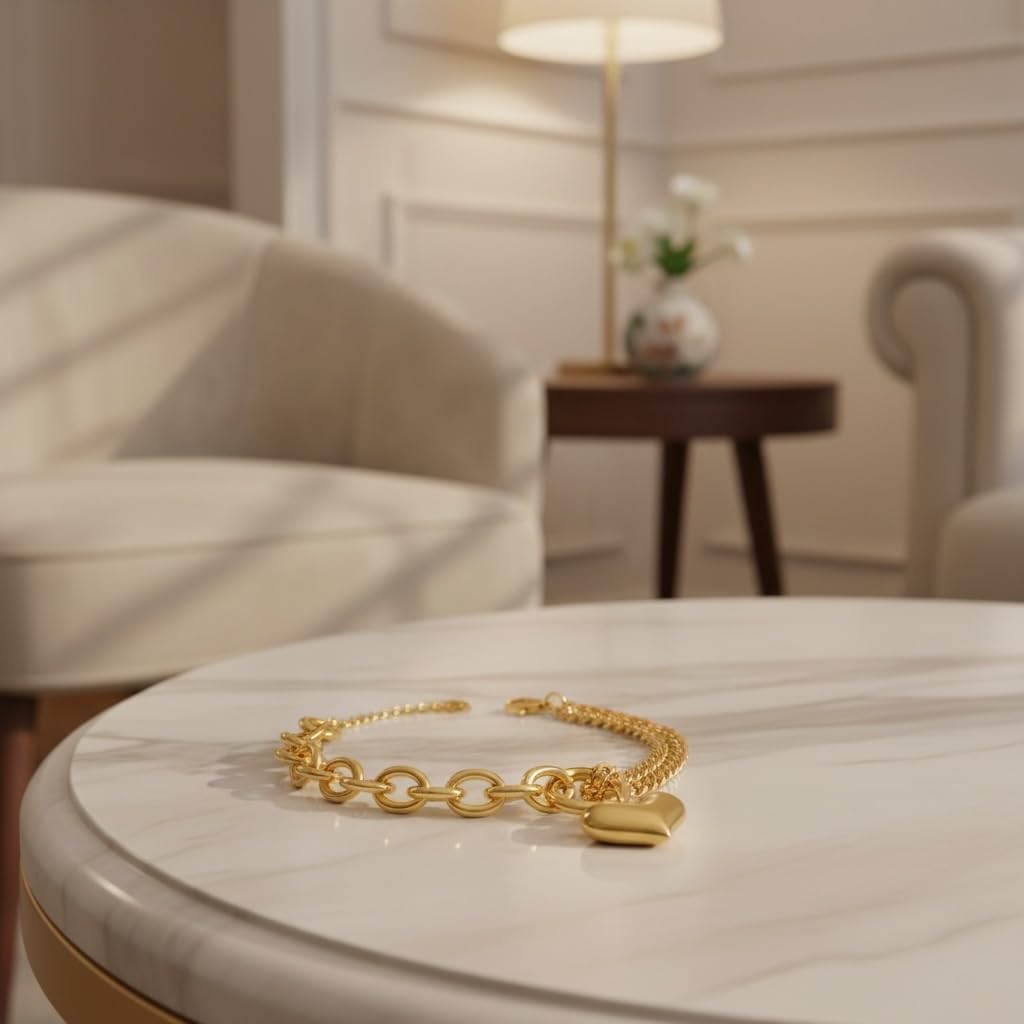 18K Gold Plated over Titanium Chain Link Bracelet with Heart Charm, Dual Chain Design, Fashion Jewelry for Women, 6-Inch Length with a 1.25-Inch Extension, Tarnish Resistant