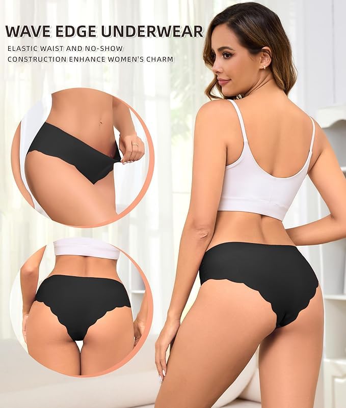 Image of Sexy Seamless Underwear Wave Edge No Show Bikini Panties V-waist Ice Silk Hipster Lady Cheeky Invisibles Briefs 6 Pack