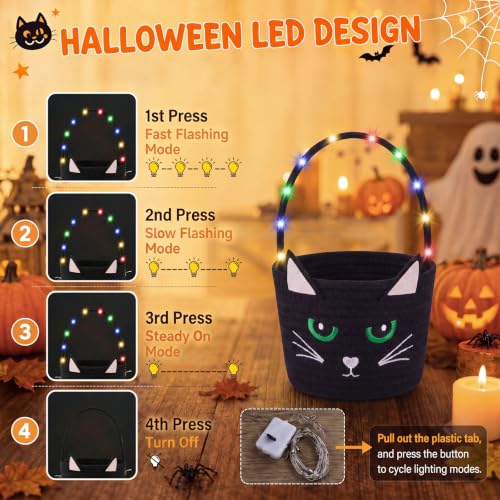 OIAHOMY Halloween Pumpkin Basket with LED Lights - Light Up Trick or Treat Bags for Toddlers & Kids, Soft Woven Cotton Rope Candy Bucket, Cute Reusable Boo Gift Basket for Holiday Party Decor Black - image 6