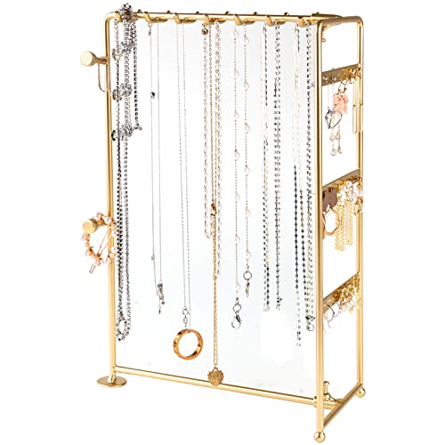 Hileyu Soporte organizador de joyas 3en1 colgante pendiente anillo collar soporte desmontable sobremesa joyería organizador pantalla para mujeres niñas (Gold)
