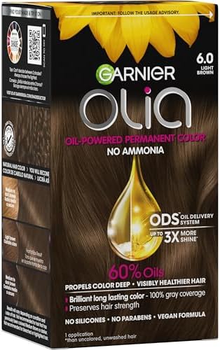 Garnier Olia Hair Color, Ammonia-Free Permanent Hair Dye, Oil-Powered Formula for 100% Gray Coverage and 3x Shinier Hair, Vegan & Cruelty Free, 6.0 Light Brown, 1 Count
