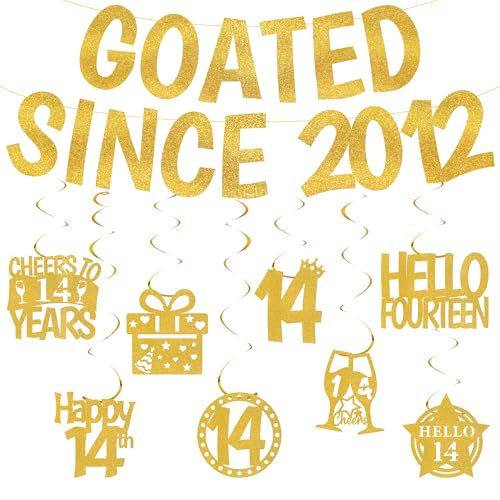 14th Birthday Decorations for Boys, Goated Since 2012 Gold Glitter Banner