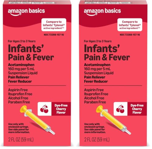 Image of Amazon Basics Infants' Pain & Fever, Acetaminophen 160 mg per 5 mL, Suspension Liquid, Dye-Free Cherry Flavor, 2 fl oz (Pack of 2) (Previously Care)