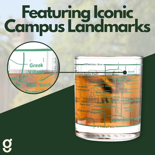 Image of Greenline Goods University of South Florida Bulls Whiskey Glasses Set of 2, 10 oz Rocks Glasses with Full-Color Logo & Campus Map - Officially Licensed Bourbon Glass Gift for Alumni & Fans