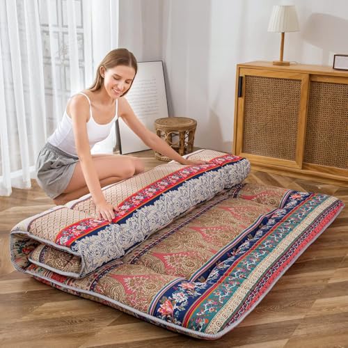 Image of MAXYOYO Bohemian Retro Floor Mattress Vintage Floral Japanese Futon Mattress Roll Up Thicken Sleeping Mat Portable Camping Mattress Floor Lounger Couch Mattress Pad, King Size