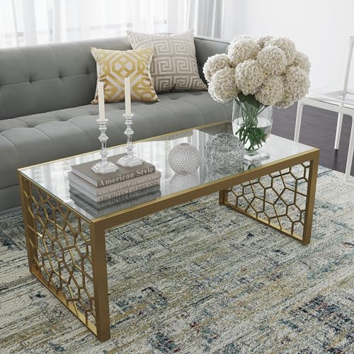 Cosmoliving By Cosmopolitan DA8170 Cosmoliving Juliette Top, Soft Brass, Tempered Glass Coffee Table thumb #3
