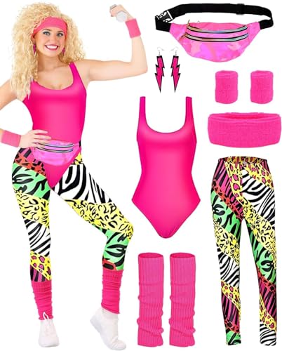 BIQIQI 80s Outfit Womens Retro Tracksuit Costume 80s 90s Clothing Costume Accessories Clothes Jersey Leggings Headband Bracelets Leg Warmers Earrings Belt Bag (Red M)