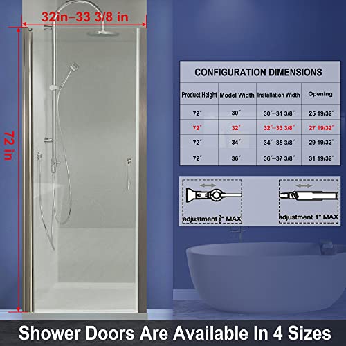 Grogro Pivot Swing Shower Door,32-33.5" W X 72" H Semi Frameless Shower Door,1/4 In Thick Clear Tempered Glass,Brushed Nickel Finish Shower Door, Glass Shower Doors Can Be Reversible Installation #TOP2