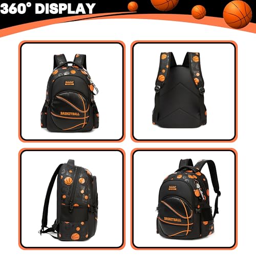 Image of Boys' School Backpack with Lunch Box and Pencil Case - Ideal for Teens and Middle School Students, Black Basketball