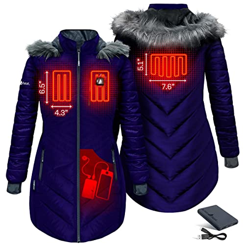 Actionheat 5V Battery Heated Long Puffer Jacket For Women W/Faux-Fur Hood, Tri-Zone Heating, Touch Control, Power Bank #TOP2