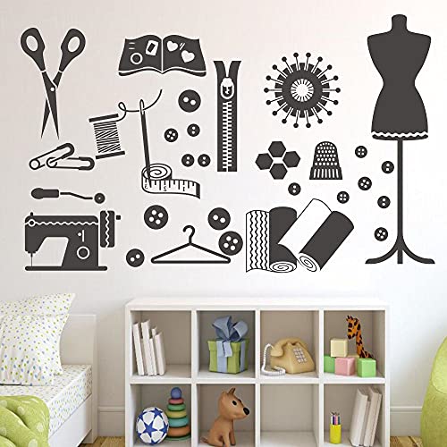 ANFRJJI Tailor Studio Wall Sticker - Removable PVC Vinyl Decal with Sewing Tools, Dress Form, Buttons, Scissors, and Thread - Perfect Craft Room or Sewing Shop Decor JWH152 (Black)