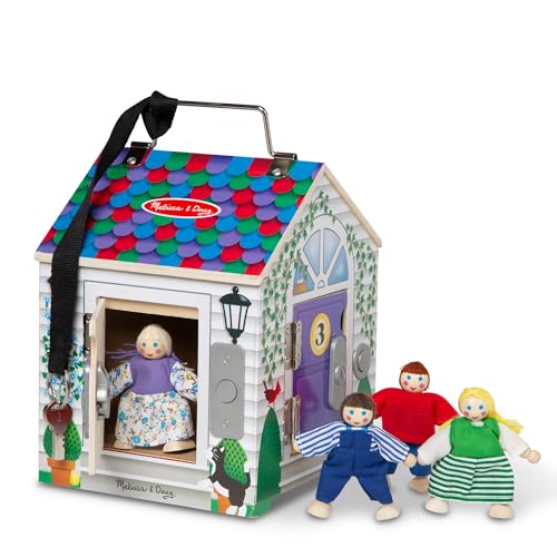 Image of Melissa & Doug Take-Along Wooden Doorbell Dollhouse - Doorbell Sounds, Keys, 4 Poseable Wooden Dolls Portable Doll House, Doorbell House For Kids Ages 3+