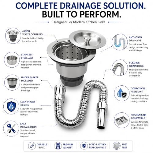 Image of ZAP NovaFlow 4 Inch Kitchen Sink Waste Coupling with Under Basket & Flexible Drain Hose | PVC Drain Kit with Stainless Steel Jali | Leak-Proof Sink Drain for Kitchen