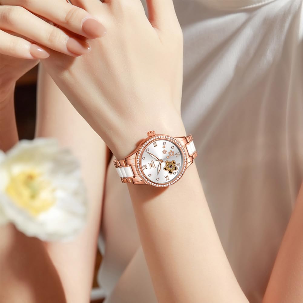 OLEVS Orologio automatico da donna in acciaio inossidabile con diamante a carica automatica, orologio luminoso e impermeabile