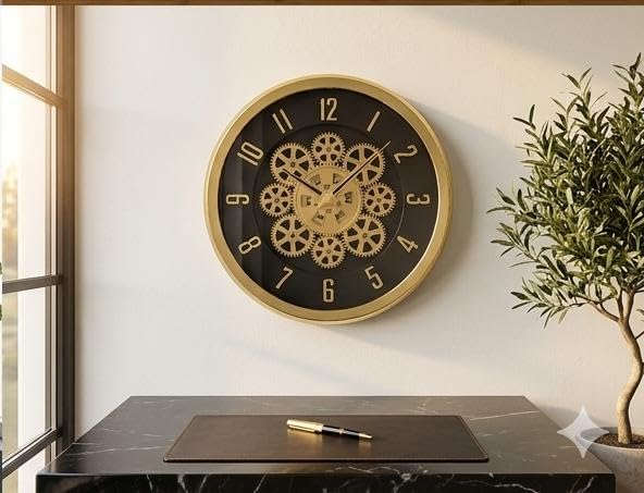 Image of Moving Gear Wall Clock, Round, Gold and Rose Gold Finish, Options (NEW Black, Set of 1 Clock)