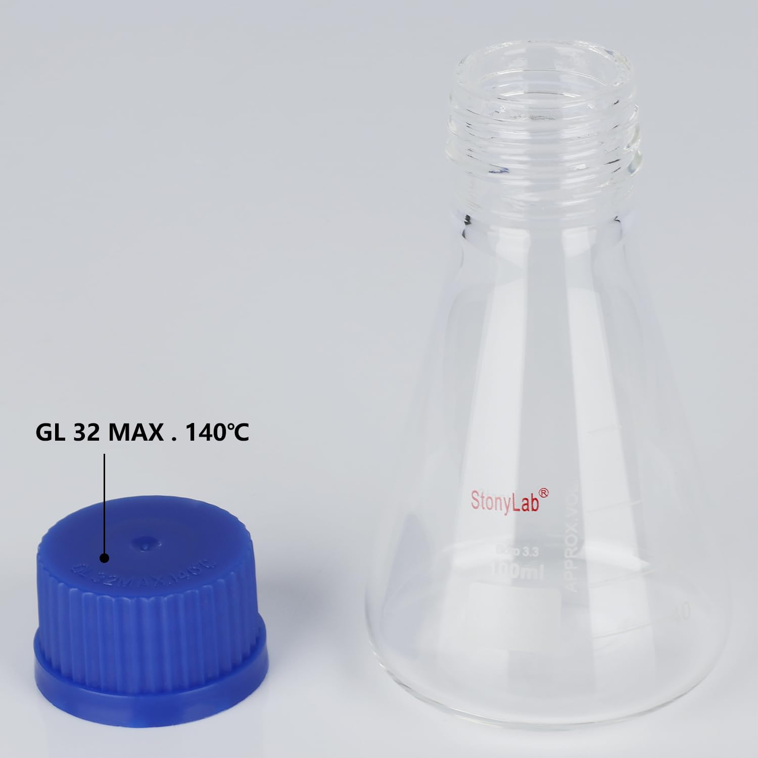 Matraz Erlenmeyer con Tapa de Rosca Azul, Vidrio Borosilicato Graduado para Laboratorio 100 ml