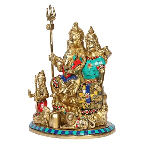 Image of Kartique Brass Shiv Parivar Statue with Multicolored Stonework, 9-Inch Tall, Ideal for Home Decor and Pooja Rooms, Beautifully Crafted Shiva Family Idol