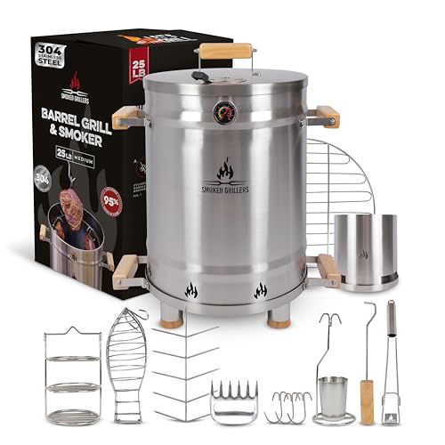 Smoked Grillers Barrel Smoker Grill Combo | 100% Stainless Steel Barrel | 95% Less Smoke Even Heat | Easy to Use & Clean Vertical Smoker Ideal for Balconies and Backyards (MEDIUM-25 LBS)