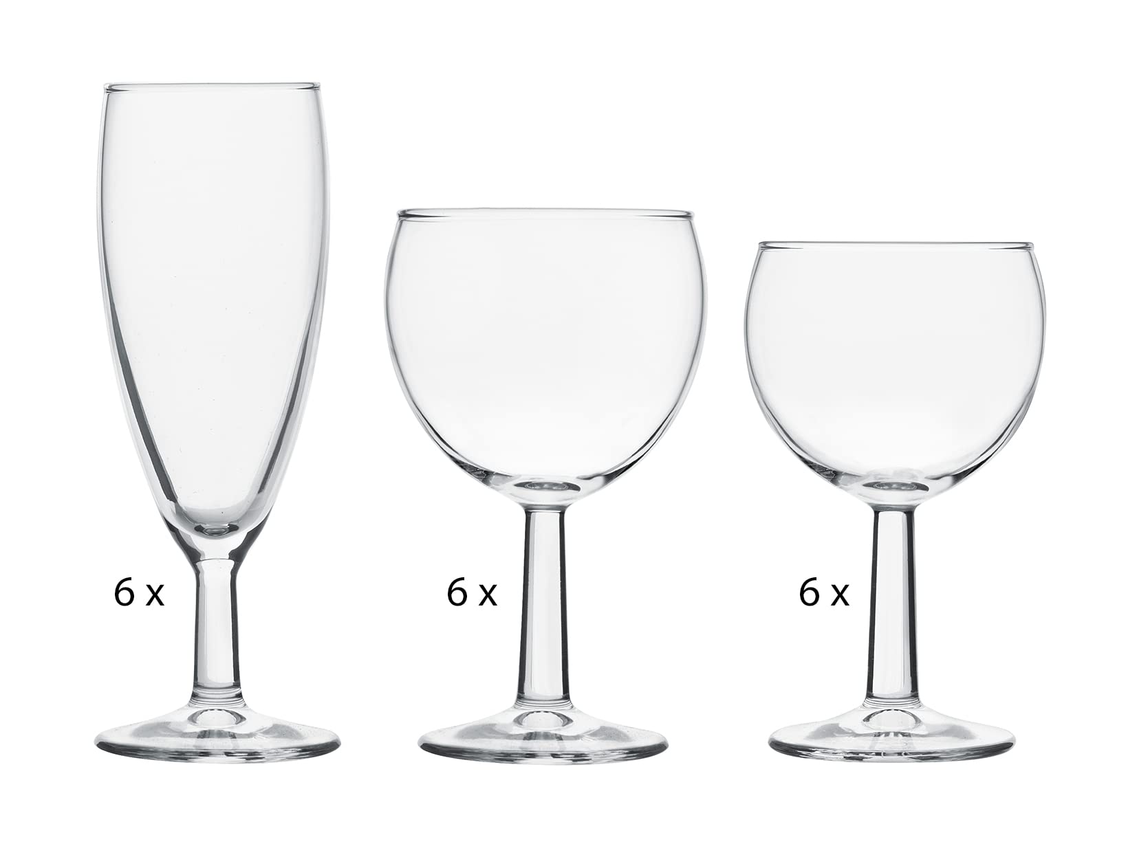 Pasabahce Banquet Set 18 Calici in Vetro. Composto da 6 Calici Acqua cl 19.5, 6 Calici Vino cl 15.2, 6 Calici Flute cl 15.5.