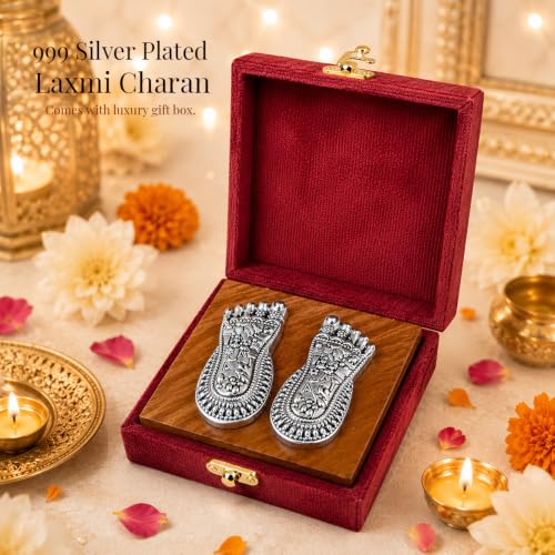 Image of DIVINITI 999 Silver-Plated Laxmi Charan Paduka with Luxury Gift Box | Vastu-Compliant Lakshmi Charan Paduka for Wealth, Prosperity & Positive Energy | Home Temple, Diwali & Housewarming Gift(7X3CM)