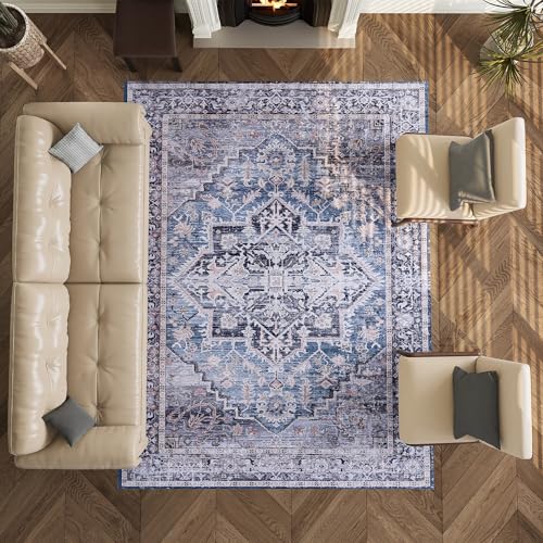 Vintage 9x12 Washable Area Rug, Low-Profile Large Area Rug with Non-Slip Backing & Durable Edge Binding, Pet-Friendly Carpet, Large Rug for Living Room, Bedroom & Dinning Room
