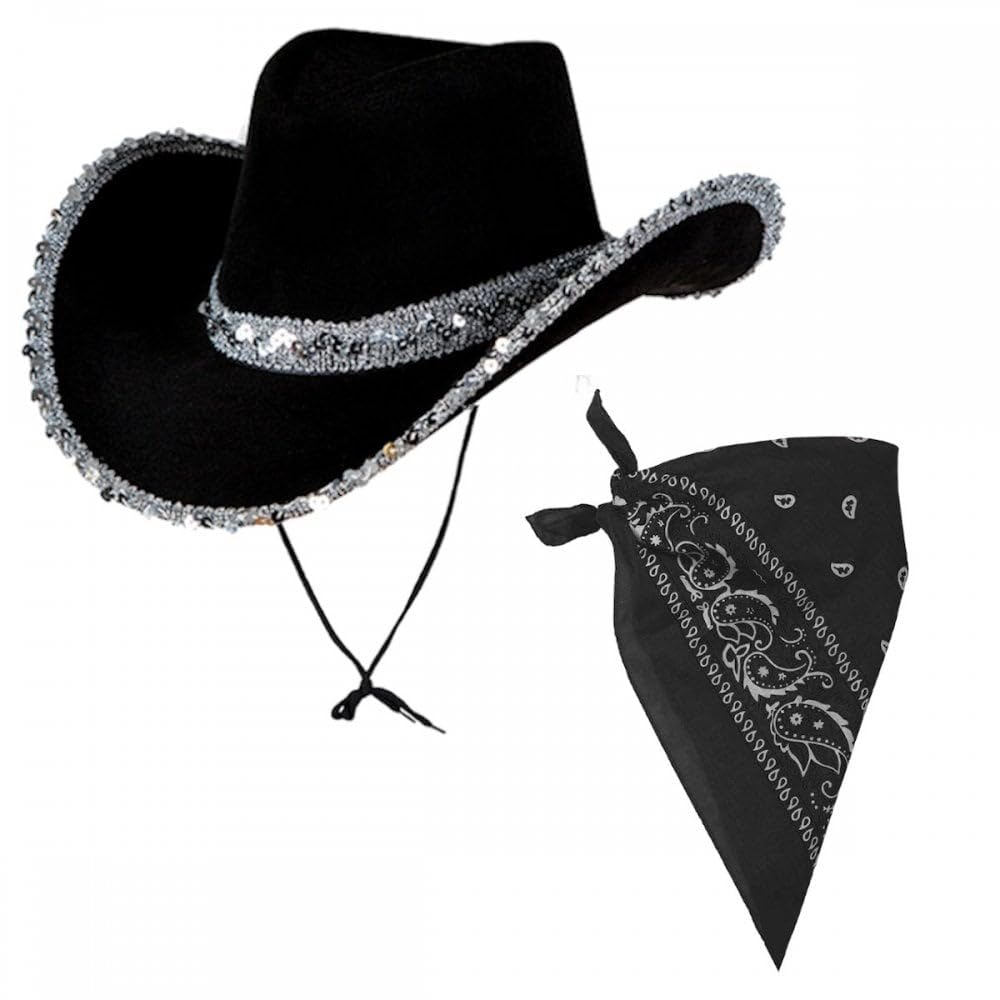 Black Texan Cowgirl Hat With Sequins + Black Bandana : Adult Ladies Hen Night Wild West Cowboy Music Festival Pop Tour Fancy Dress Accessory