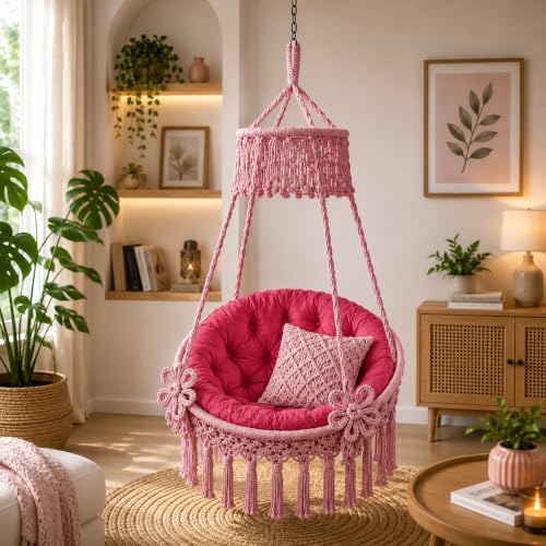 Image of Premium King Size Hammock Chair Swing with Cushion, 200kg Capacity | Indoor Outdoor Heavy Duty Adults & Kids Hanging Jhula for Home, Garden, Patio & Balcony | 1 Year Warranty (Pink)