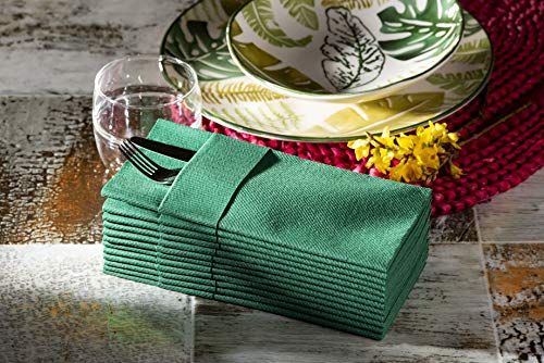 Green Dinner Napkins Cloth Like with Built-in Flatware Pocket, Linen-Feel Absorbent Disposable Paper Hand Napkins for Kitchen, Bathroom, Parties, Weddings, Dinners or Events, 1/8 Fold, Pack of 50