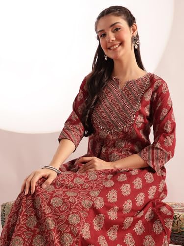 Image of Vbuyz Women's Floral Print A-Line Cotton Stitched Kurta